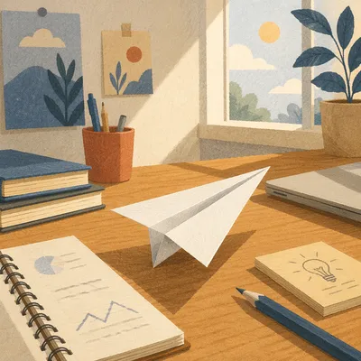 Paper Airplane on Desk Innovation Concept