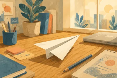 Paper Airplane on Desk Innovation Concept