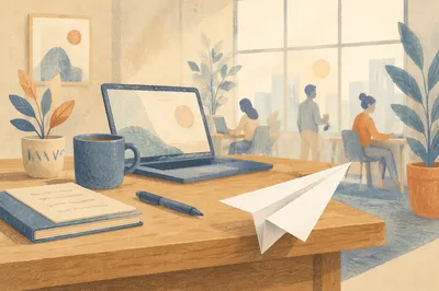Paper Airplane on Desk Innovation Concept