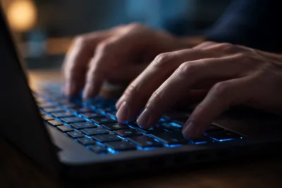 Hands Typing on Backlit Office Keyboard