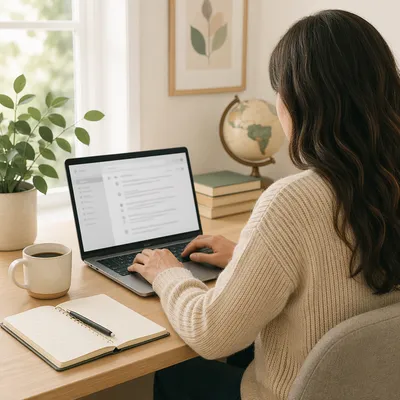 Professional Typing Email at Office Desk
