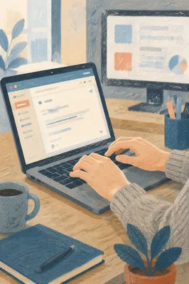 Professional Typing Email on Office Laptop