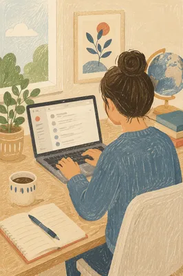 Professional Typing Email at Office Desk