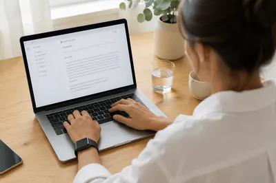 Professional Writing Email on Laptop Desk