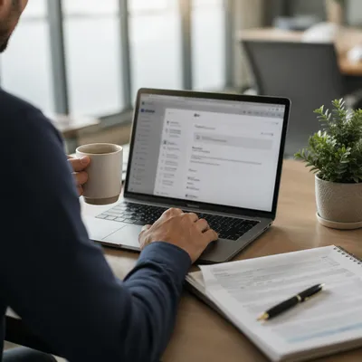 Professional Writing Email on Laptop at Office