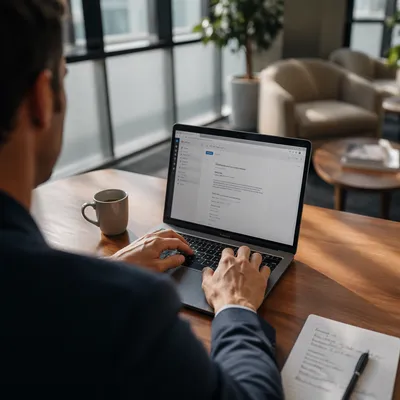 Professional Writing Email on Laptop Desk