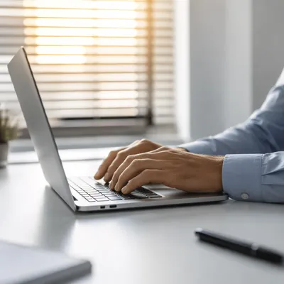 Professional Typing Email on Laptop Desk