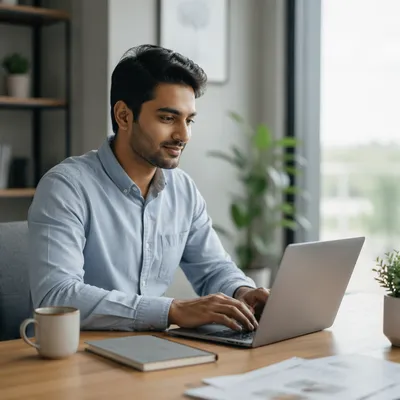 Young Professional Writing Email at Laptop