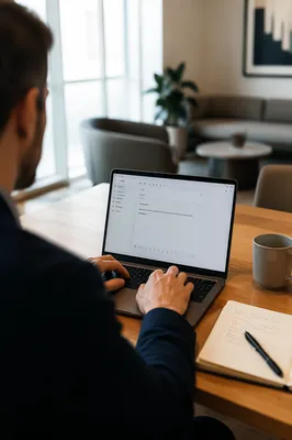 Professional Writing Email on Laptop at Desk