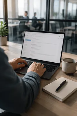 Professional Writing Email on Laptop at Office