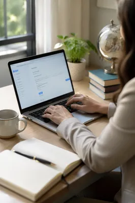 Professional Typing Email on Laptop Desk