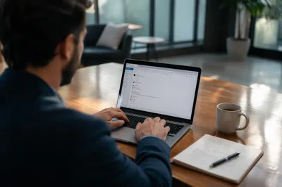 Professional Writing Email on Laptop at Desk