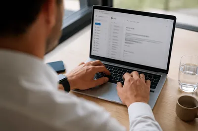 Professional Writing Email on Laptop Desk