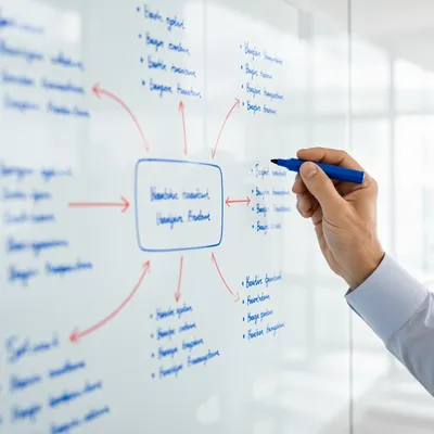 Hand Writing Strategy Plan on Glass Board