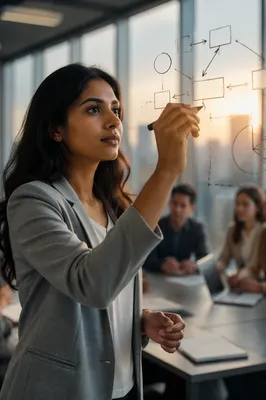 Woman Writing Strategy on Glass Board