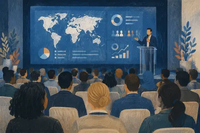 Business Conference Presentation With Blue Projector Screen