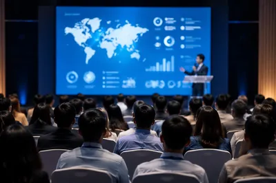 Blue Conference Presentation Screen With Audience