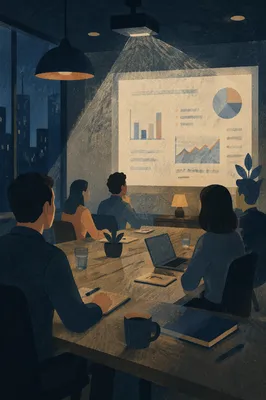 Evening Presentation Slide in Dark Conference Room