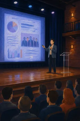 Presenter Beside Blue Projection in Auditorium