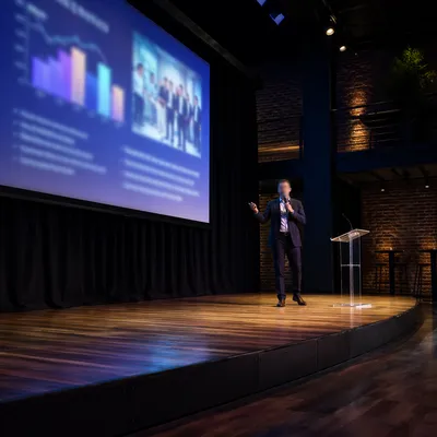 Presenter on Stage With Projected Slide