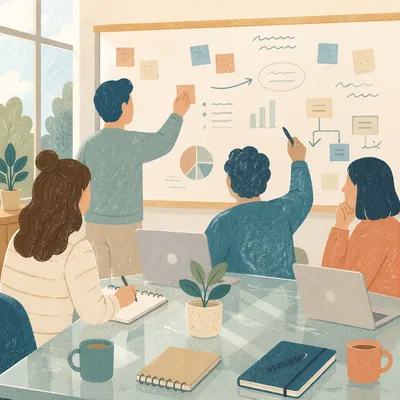 Collaborative Team Brainstorm Around Office Whiteboard