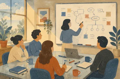 Collaborative Team Brainstorm at Whiteboard