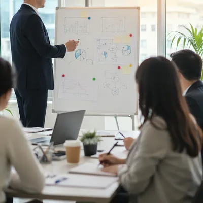 Business Team Brainstorm at Whiteboard Meeting