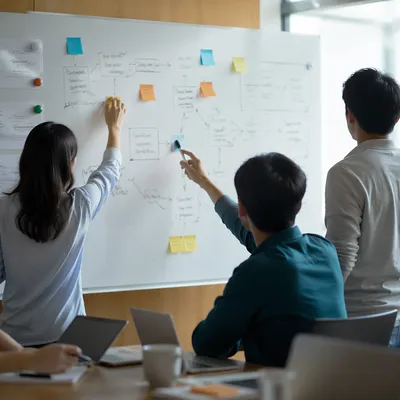 Collaborative Team Brainstorm at Office Whiteboard
