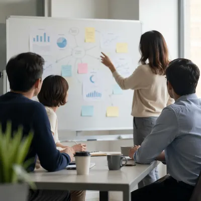 Business Team Brainstorming at Presentation Whiteboard