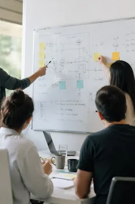 Collaborative Team Brainstorm at Office Whiteboard