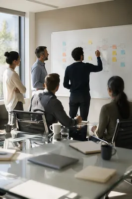 Team Brainstorming Around Modern Whiteboard