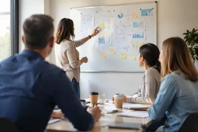 Business Team Brainstorming at Presentation Whiteboard