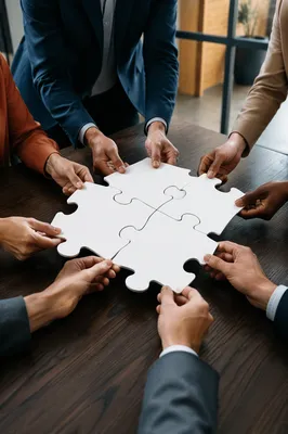 Teamwork Puzzle Pieces on Conference Table