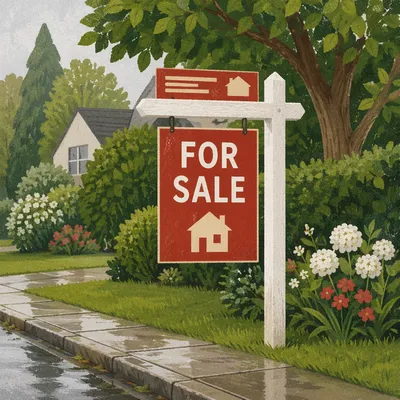 Suburban For Sale Yard Sign After Rain
