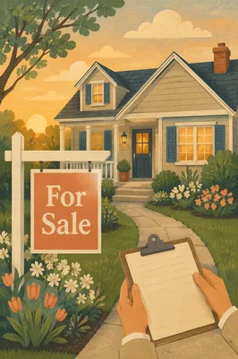 For Sale Sign Outside Warm Suburban Home