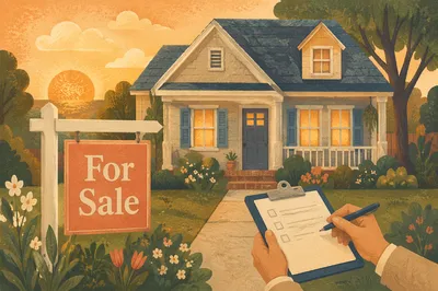 For Sale Sign at Warm Suburban Home