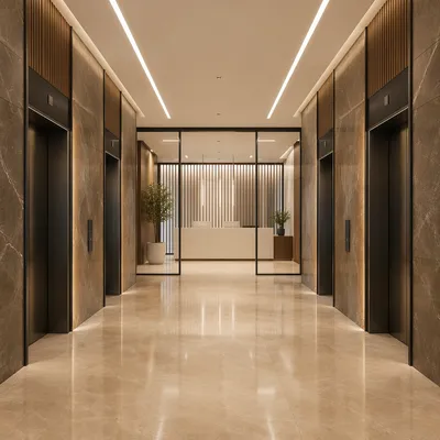 Modern Corporate Lobby with Elegant Reception Desk
