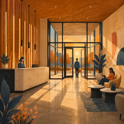 Modern Office Lobby with Warm Reception Desk