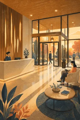 Modern Office Lobby with Warm Reception Desk