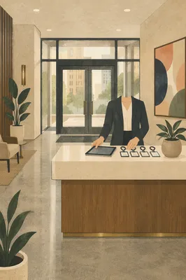 Modern Office Lobby Reception at Sunrise