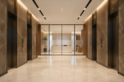 Modern Corporate Lobby with Minimal Reception Desk
