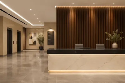 Modern Office Lobby With Sleek Reception Desk