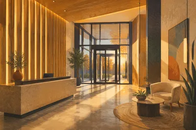 Modern Office Lobby with Warm Reception Desk