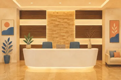 Modern Office Lobby With White Reception Desk