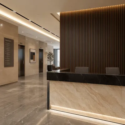 Modern Corporate Lobby with Sleek Reception Desk