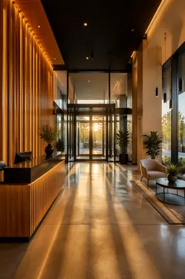 Modern Office Lobby Reception at Golden Hour