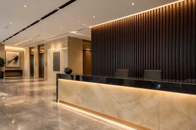 Modern Corporate Lobby with Sleek Reception Desk