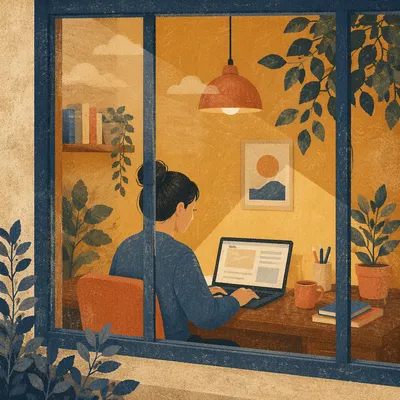 Warm Remote Home Office Laptop Workspace
