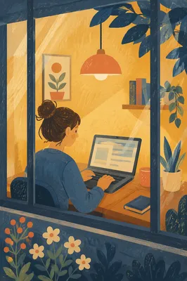 Warm Remote Home Office Laptop Workspace