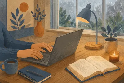 Peaceful Remote Work Desk on Rainy Morning